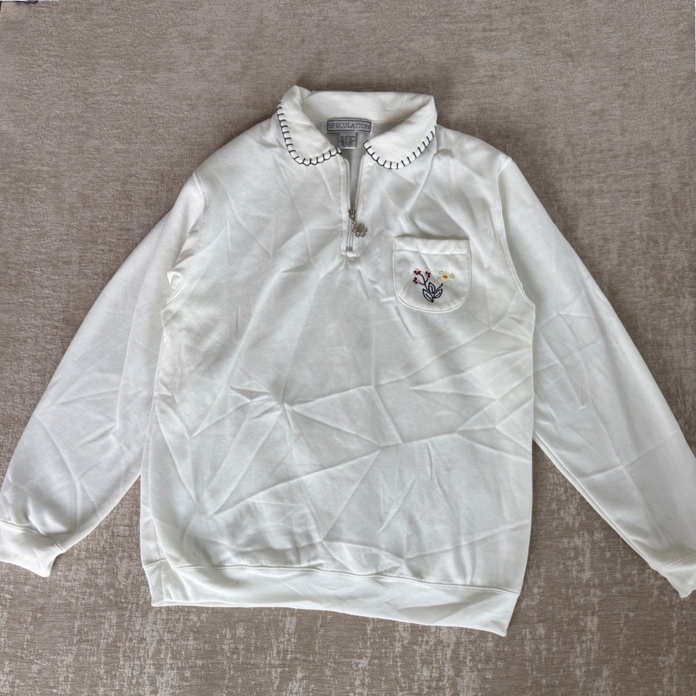 Speculation White Embroidered Floral Quarter Zip Sweatshirt Large Whipstitch